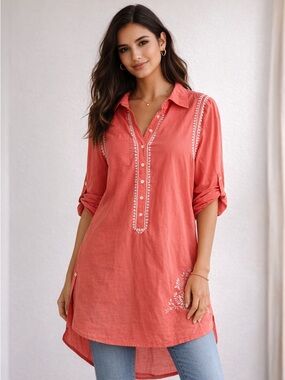Sundance Coral Embroidered Tunic Shirt 100% Cotton